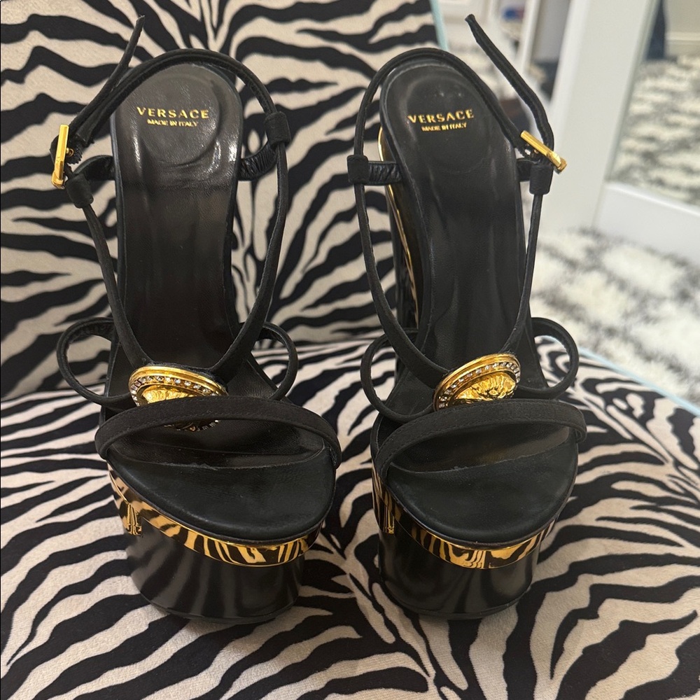 Versace Black and Gold Strappy Heels